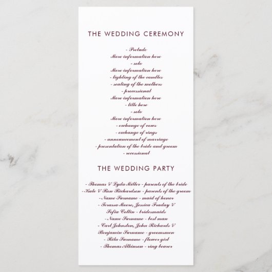 Hochzeitsprogramme für die Burgunder Marine und Go Programm (Rückseite)