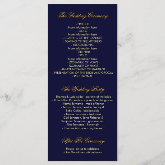 Hochzeitsprogramme für Gold und Navy Programm (Rückseite)
