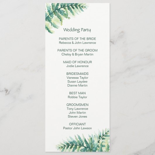 Hochzeitsprogramme für grüne Wasserfarben Programm (Rückseite)