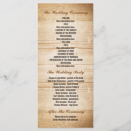 Hochzeitsprogramme für Holz und Sonnenblumen Programm (Rückseite)