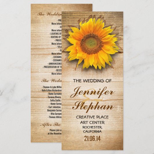 Hochzeitsprogramme für Holz und Sonnenblumen Programm (Vorne/Hinten)