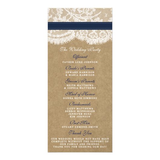 Hochzeitsprogramme für Kraft, Spitzen und Navy mit Werbekarte (Hinten)