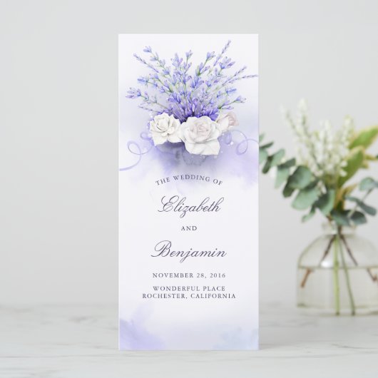 Hochzeitsprogramme für Lavendel und Weiße Rosen Programm (Stehend Vorderseite)