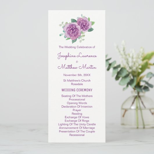 Hochzeitsprogramme für lila Rose Programm (Stehend Vorderseite)