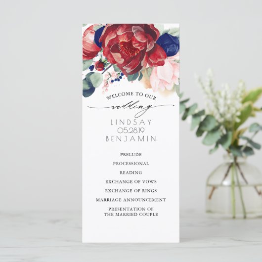 Hochzeitsprogramme für Navy Blue und Burgund Red F Programm (Stehend Vorderseite)