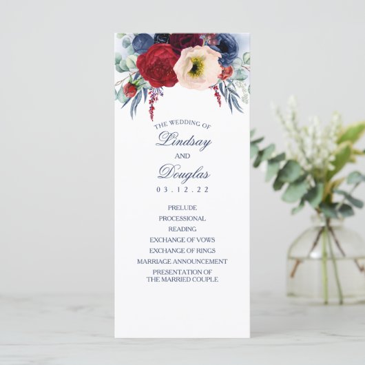 Hochzeitsprogramme für Navy Blue und Burgund Red F Programm (Stehend Vorderseite)