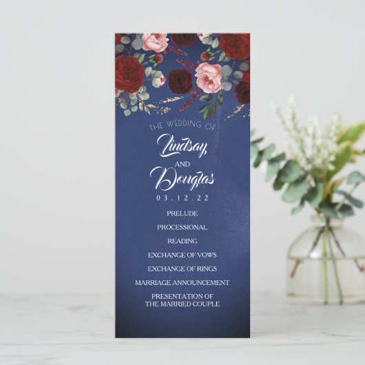 Hochzeitsprogramme für Navy Blue und Burgund Red F Programm (Stehend Vorderseite)