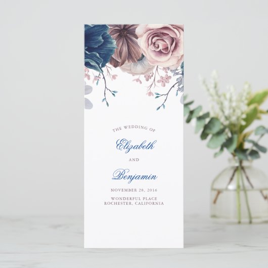 Hochzeitsprogramme für Navy Blue und Mauve Floral Programm (Stehend Vorderseite)
