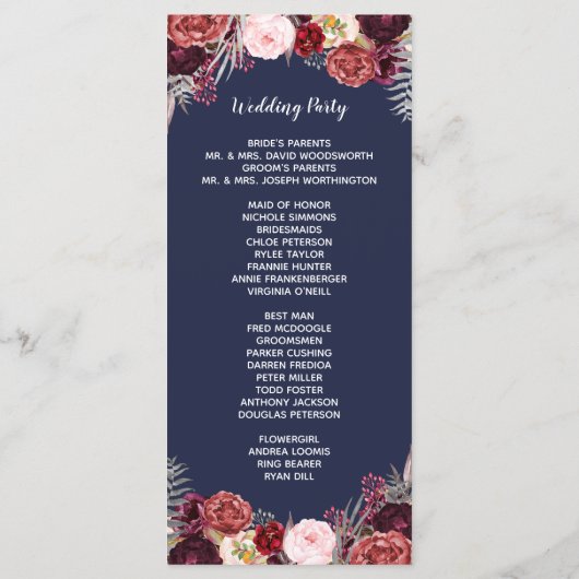 Hochzeitsprogramme für Navy Fall Marsala Blush Peo Programm (Rückseite)