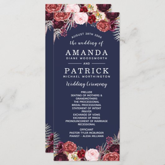 Hochzeitsprogramme für Navy Fall Marsala Blush Peo Programm (Vorne/Hinten)