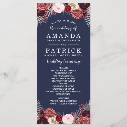 Hochzeitsprogramme für Navy Fall Marsala Blush Peo Programm (Vorderseite)