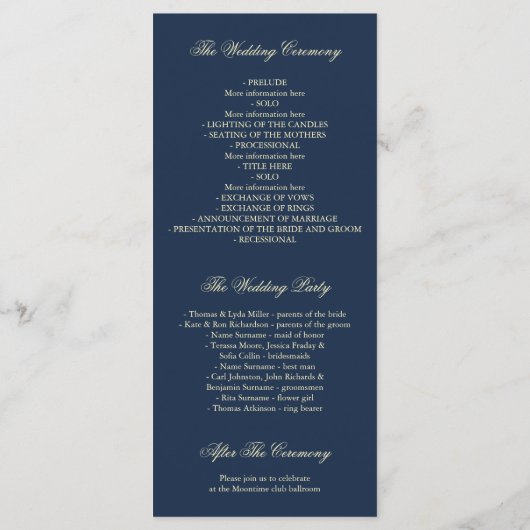 Hochzeitsprogramme für Navy und Gold Glitzer Confe Programm (Rückseite)