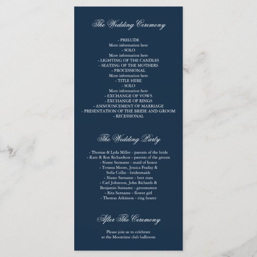 Hochzeitsprogramme für Navy und Rose Gold Glitzer Programm (Rückseite)