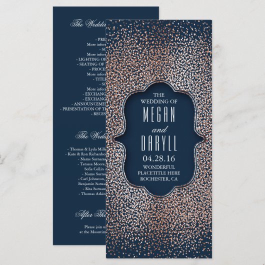 Hochzeitsprogramme für Navy und Rose Gold Glitzer Programm (Vorne/Hinten)