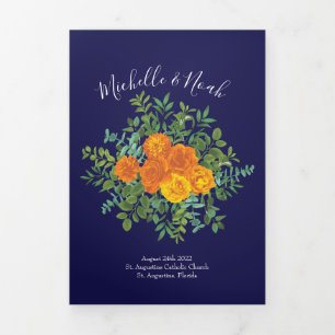 Hochzeitsprogramme für Orange & Navy Blue Peony Ro Dreifach-gefaltete Programmkarte