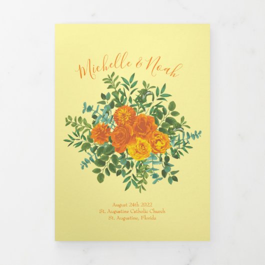 Hochzeitsprogramme für Orangen- und Leichtgelbe Ro Dreifach-gefaltete Programmkarte (Cover)