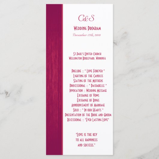 Hochzeitsprogramme für Rosa und Weiß-Holz Programm (Vorderseite)