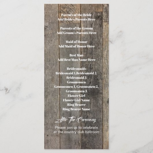 Hochzeitsprogramme für rustikales Landwaldkorn Programm (Rückseite)