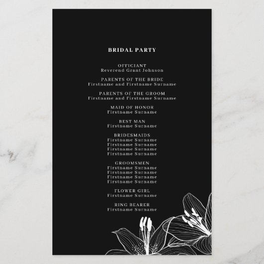 Hochzeitsprogramme für Schwarz-Weiß-Lilien (Rückseite)