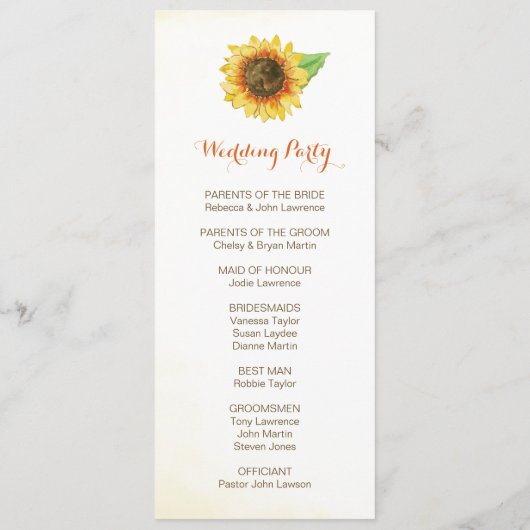 Hochzeitsprogramme für Sonnenblumen Programm (Rückseite)