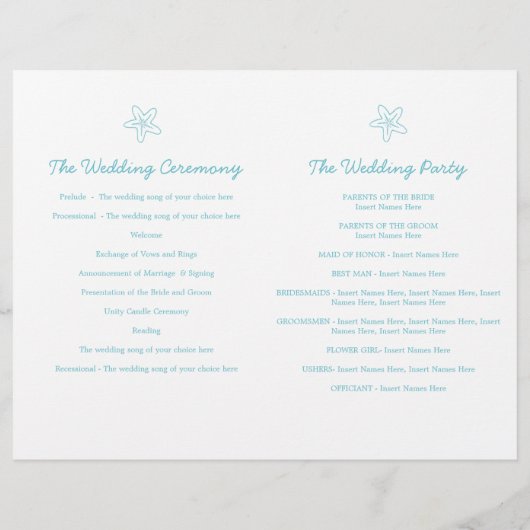 Hochzeitsprogramme für Starfish & Wirbel (Rückseite)