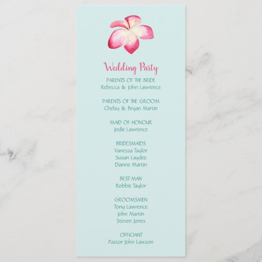 Hochzeitsprogramme für tropische Blume Plumeria Programm (Rückseite)
