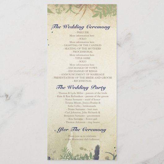 Hochzeitsprogramme im ländlichen Wald Programm (Rückseite)