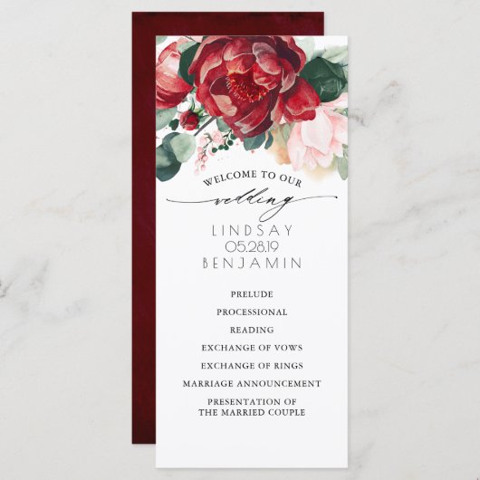 Hochzeitsprogramme in Burgund Rot und Rosa Programm (Vorne/Hinten)