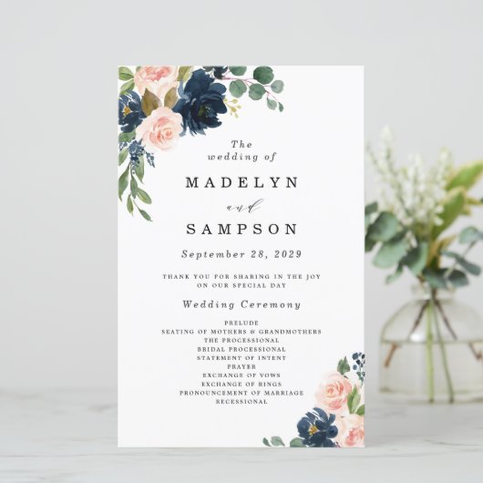 Hochzeitsprogramme in Navy Blue und Blush Pink (Stehend Vorderseite)
