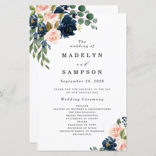 Hochzeitsprogramme in Navy Blue und Blush Pink (Vorne/Hinten)