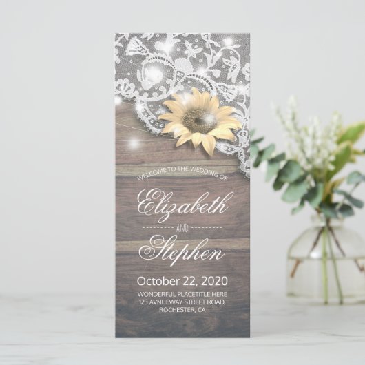 Hochzeitsprogramme Lace Sunflower Rustic Wood Ligh Programm (Stehend Vorderseite)