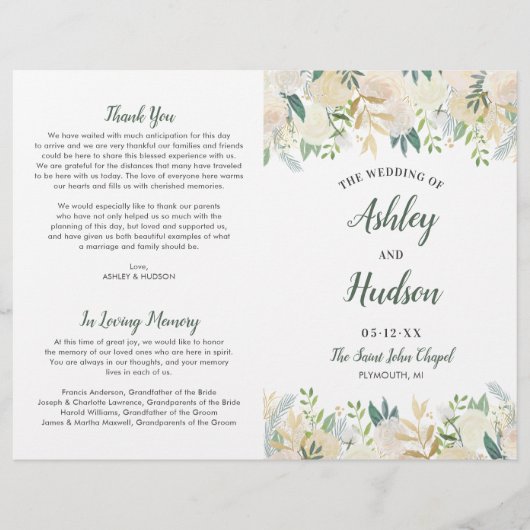 Hochzeitsprogramme mit Blush Gold und Green Floral (Vorderseite)