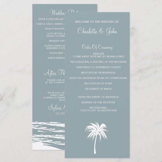 Hochzeitsprogramme von Dusty Blue Palm Tree Beach Programm (Vorne/Hinten)