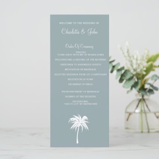 Hochzeitsprogramme von Dusty Blue Palm Tree Beach Programm (Stehend Vorderseite)