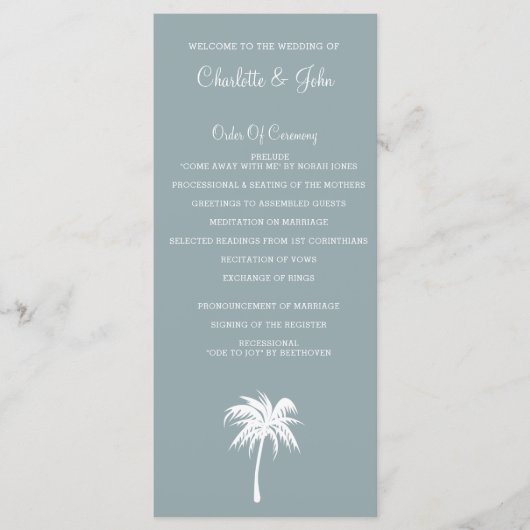 Hochzeitsprogramme von Dusty Blue Palm Tree Beach Programm (Vorderseite)