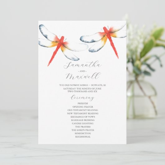 Hochzeitsprogramme Wasserfarbene Rote Libelle Einladung (Stehend Vorderseite)