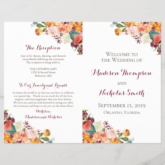 Hochzeitsprogrammhefte mit Herbstblumen, Orange Pi Flyer (Vorne)