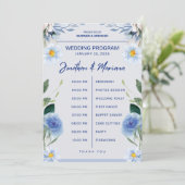 Hochzeitsprogrammkarte – Blaues florales Zeitstrah Programm (Stehend Vorderseite)