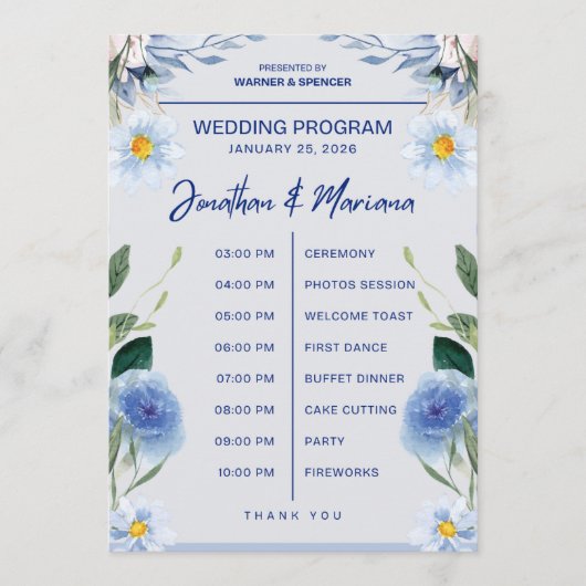 Hochzeitsprogrammkarte – Blaues florales Zeitstrah Programm (Vorderseite)