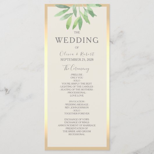 Hochzeitsprogrammkarte Greenery Gold Programm (Vorderseite)
