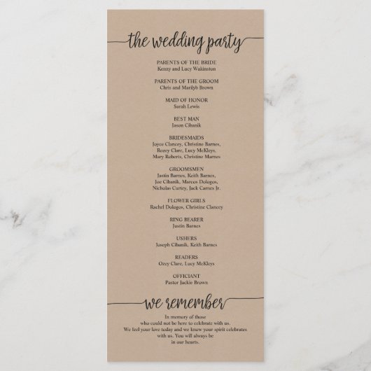 Hochzeitsprogrammkarte rustikales Kalligrafiedesig Programm (Rückseite)