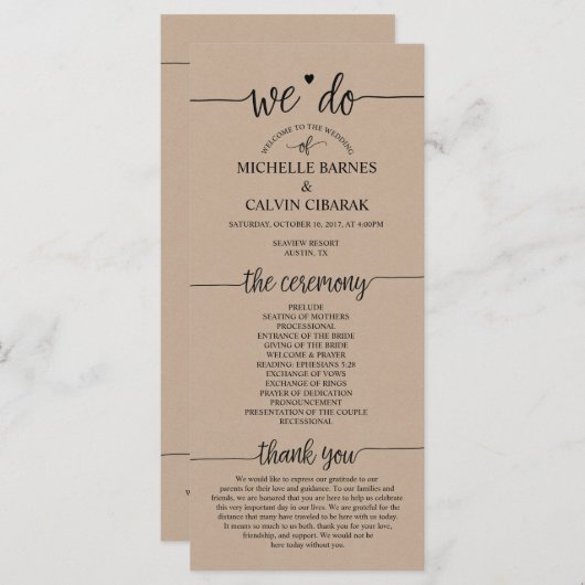 Hochzeitsprogrammkarte rustikales Kalligrafiedesig Programm (Vorne/Hinten)