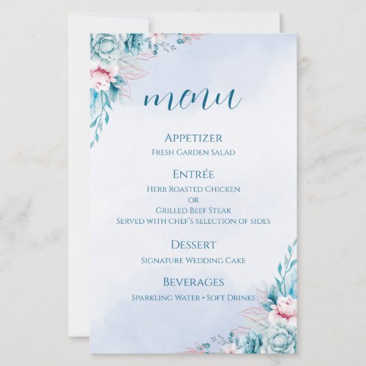 Hochzeitsprogrammkarte Türkis+Blumen+Hochzeitszere (Vorderseite)