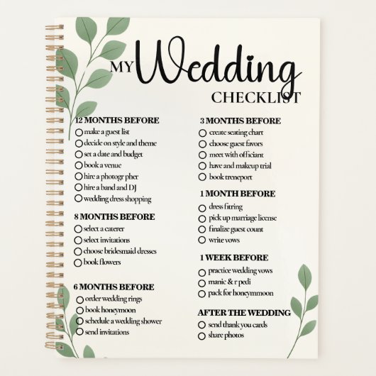 Hochzeitsprüfliste Planer Grüne Eukalyptus-Blätter (Vorderseite)