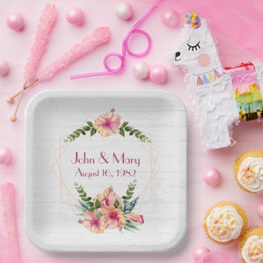 Hochzeitsrahmen auf weißem Hibiskus Pappteller (Party)