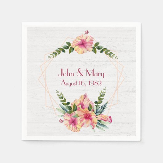 Hochzeitsrahmen auf weißem Hibiskus Serviette (Vorderseite)