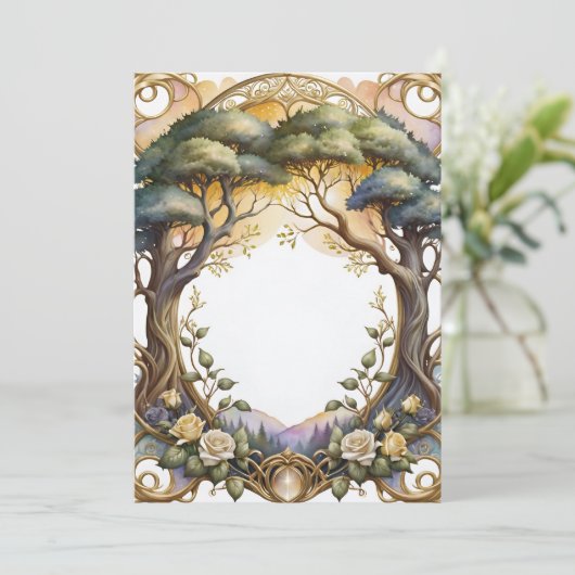 Hochzeitsrahmen Gold und Blume Magie Einladung (Stehend Vorderseite)