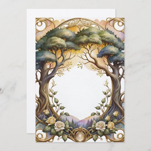 Hochzeitsrahmen Gold und Blume Magie Einladung (Vorne/Hinten)