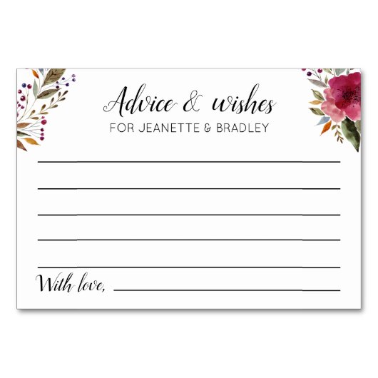 Hochzeitsratgeber und Wünsche mit Burgund-Blume Tischnummer (Vorderseite)