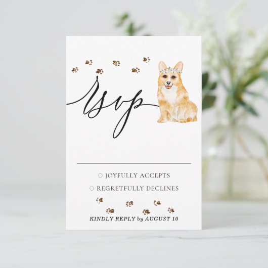 Hochzeitsreaktion Begrüßungskorgi-Hund RSVP Karte (Stehend Vorderseite)
